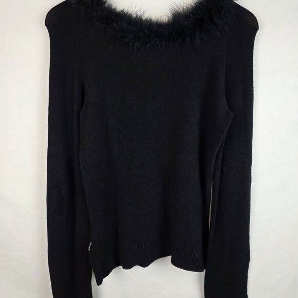 BCBGMAXAZRIA Womens Sweater Size Small Black Faux Fur Collar Long Sleeve Top - Picture 1 of 14